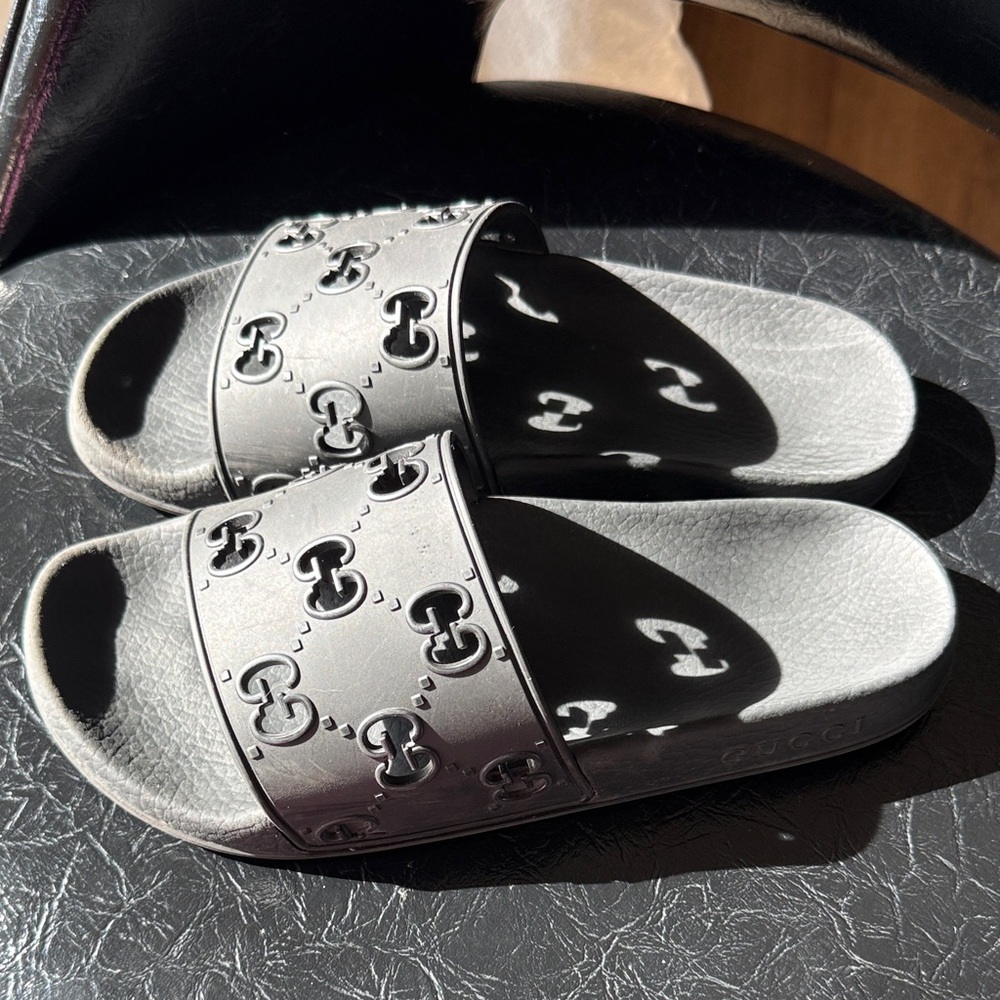 Gucci Black Embossed Slide Sandals